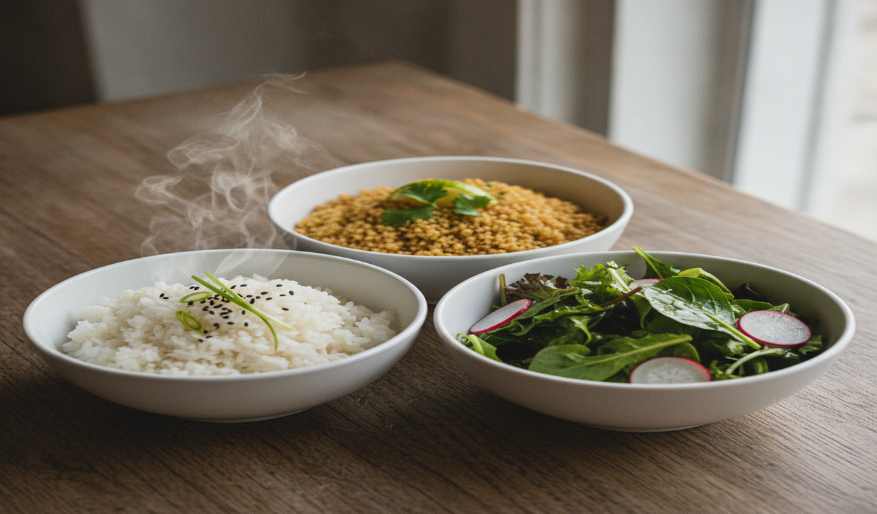 Poke bowl basissen, rijst, quinoa, salade en graanmix, gepresenteerd in kommen