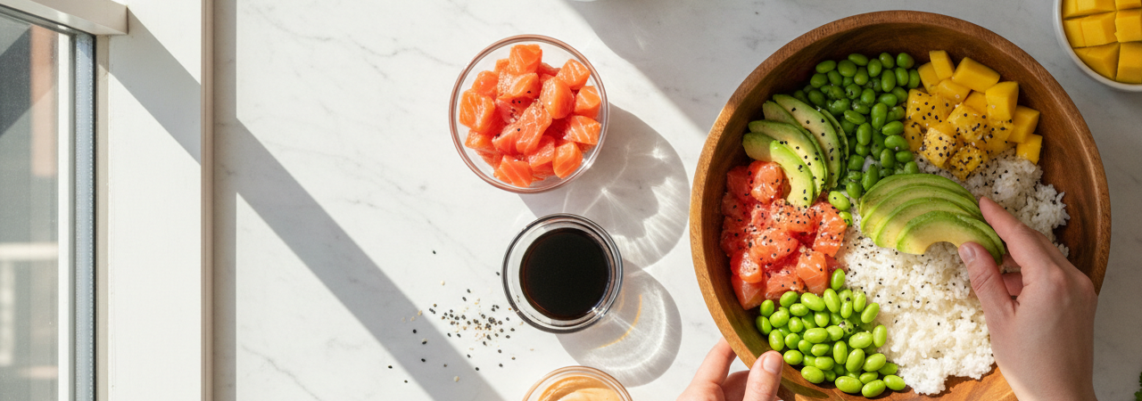 Samenstelling van een poke bowl met verse ingrediënten er omheen gerangschikt