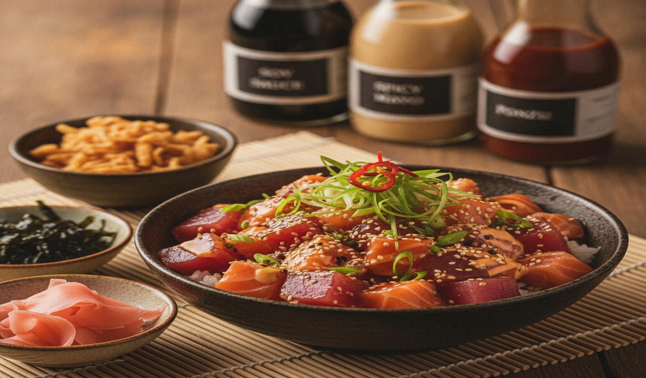 Toppings en sauzen voor poke bowl, sesam, nori, gebakken uitjes en soja, ponzu sauzen