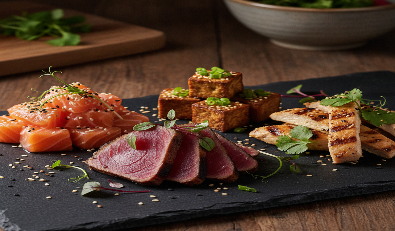 Eiwitten voor poke bowl, zalm, tonijn, tofu, tempeh en edamame
