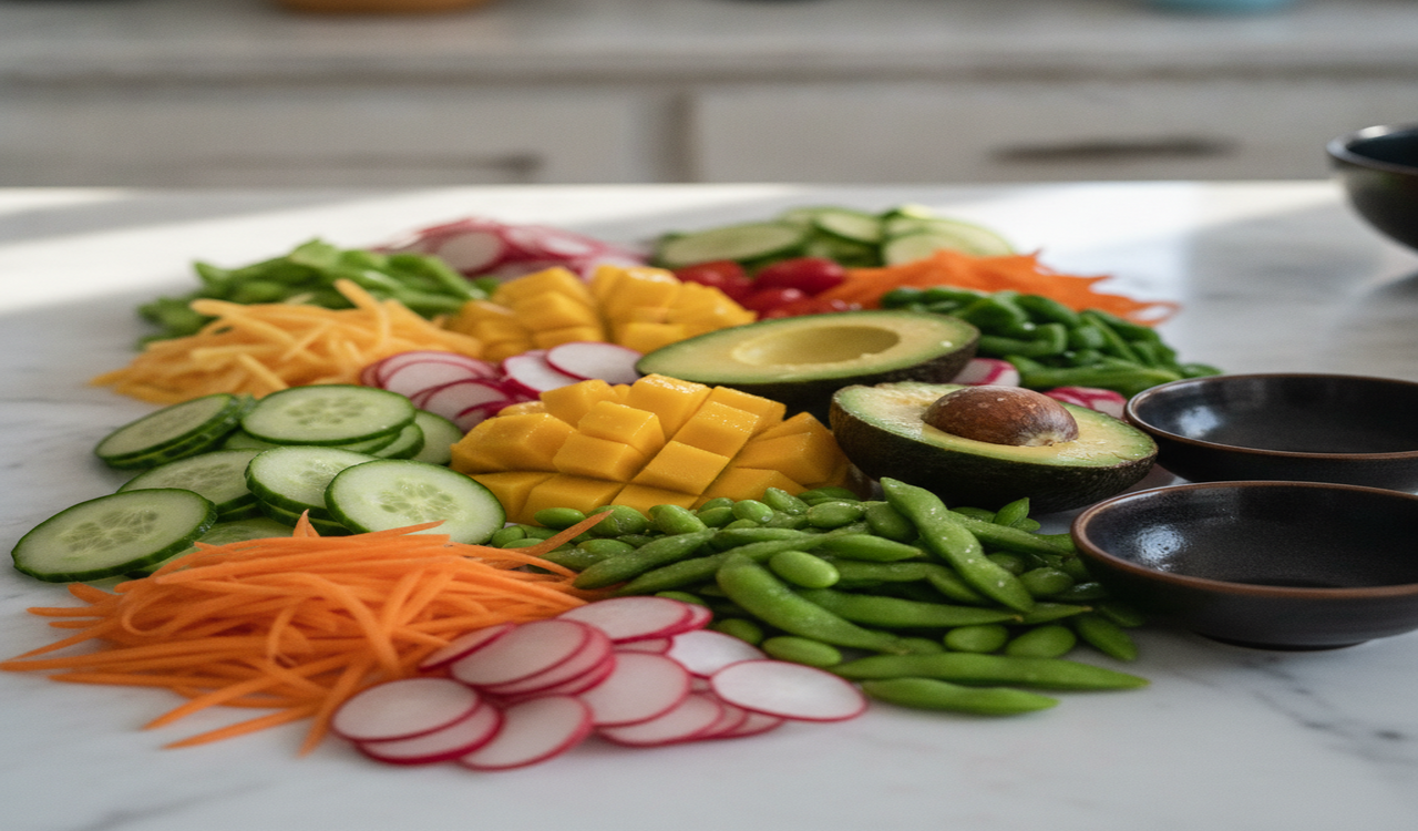 Groenten en fruit voor poke bowl, komkommer, avocado, mango, ananas en rode kool