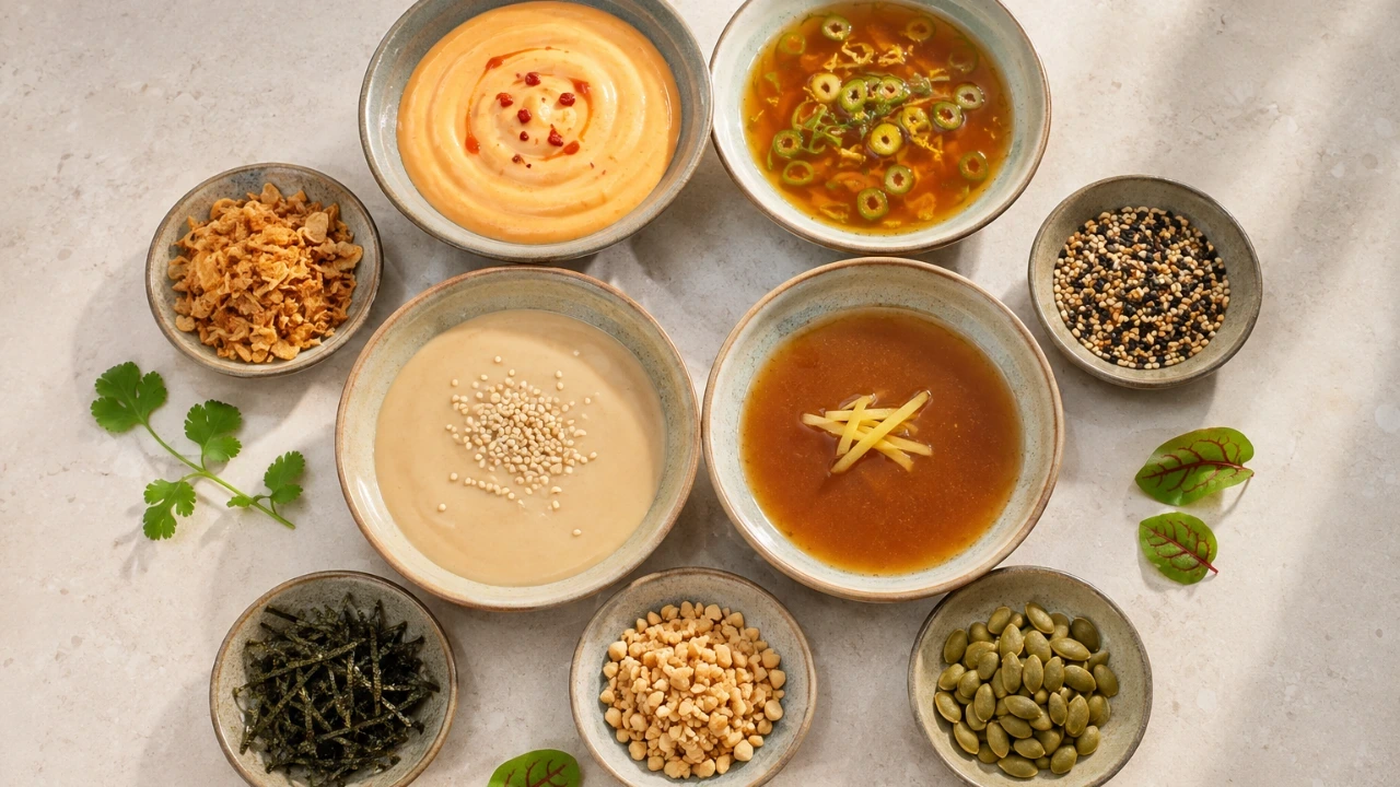 Sauces vegan et toppings croquants pour poke bowl, sésame, nori, tahini et oignons frits