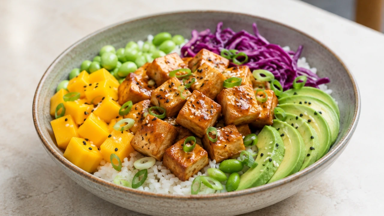 Poke bowl tofu mangue assemblé, riz, avocat, edamame et sésame