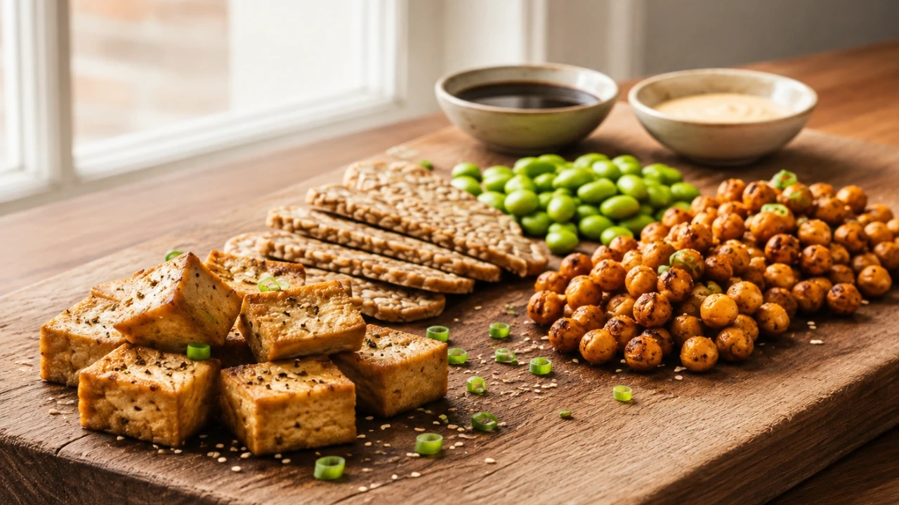 Plantaardige eiwitten voor poke bowl, gemarineerde tofu, tempeh, edamame en geroosterde kikkererwten