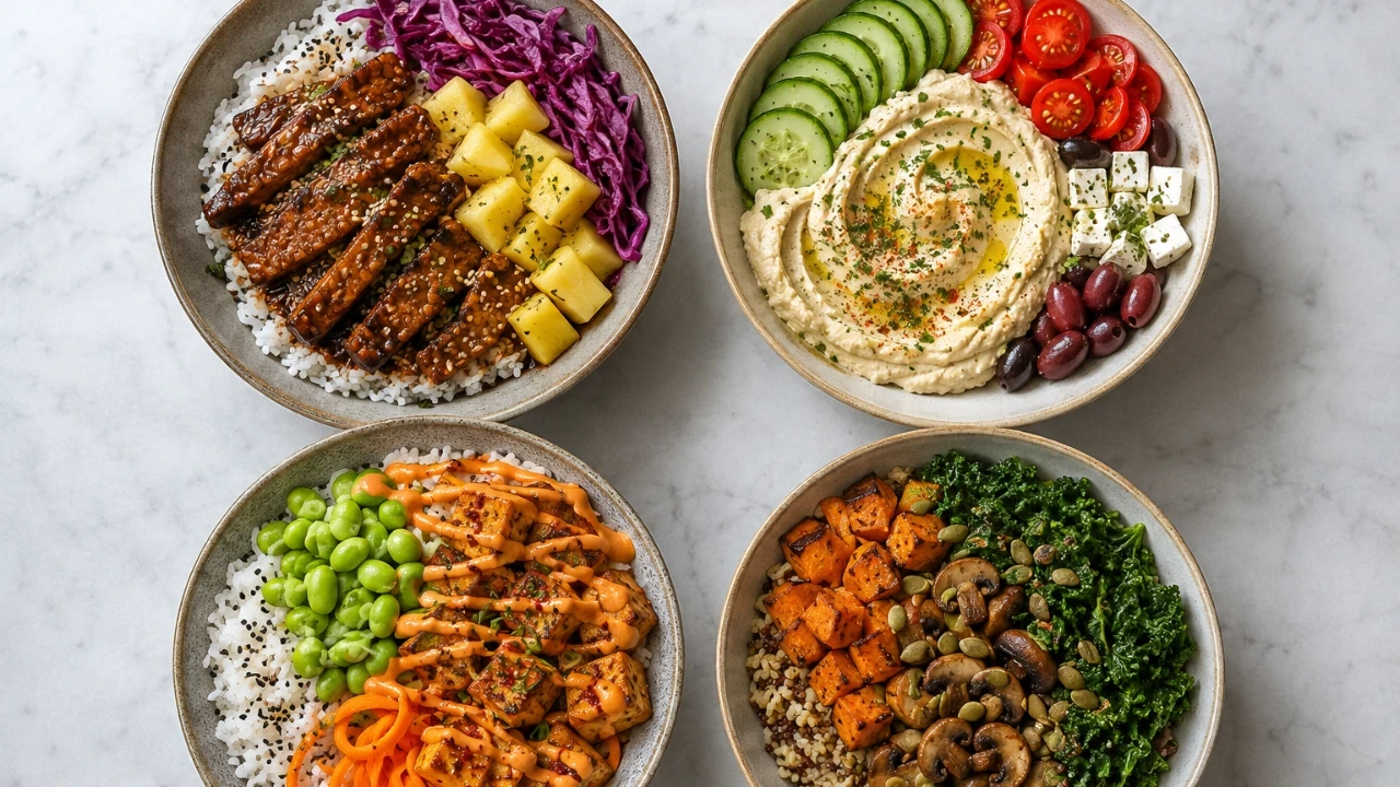 Quatre variantes vegan de poke bowl, du tempeh teriyaki au style méditerranéen