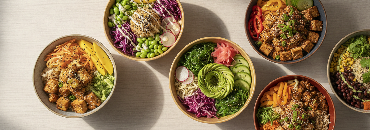 Vijf kleurrijke vegan poke bowls met krokante tofu, verse mango en groenten op houten tafel