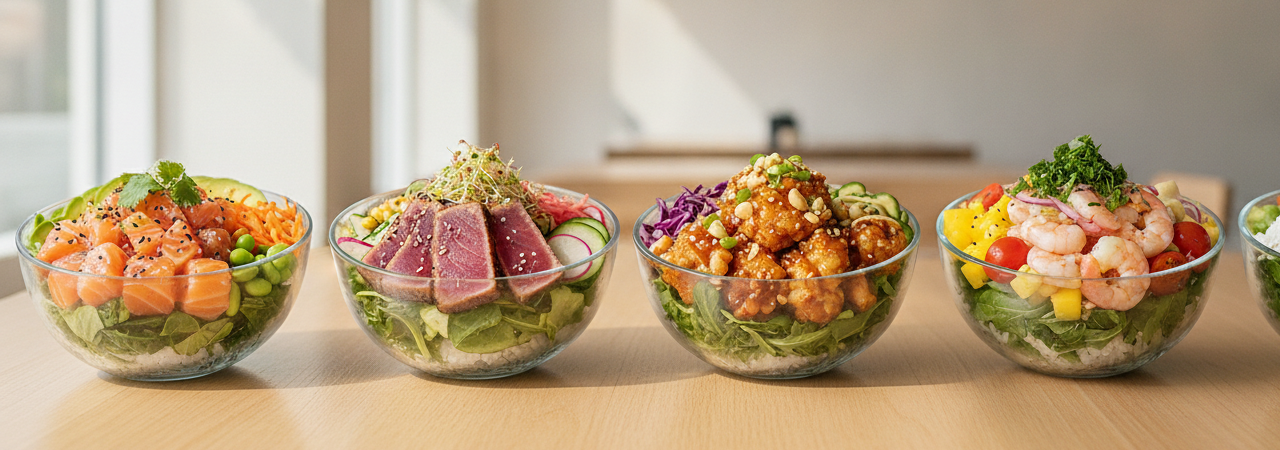 Vijf poke bowls met verschillende eiwitten: zalm, tonijn, kip, scampi's en falafel