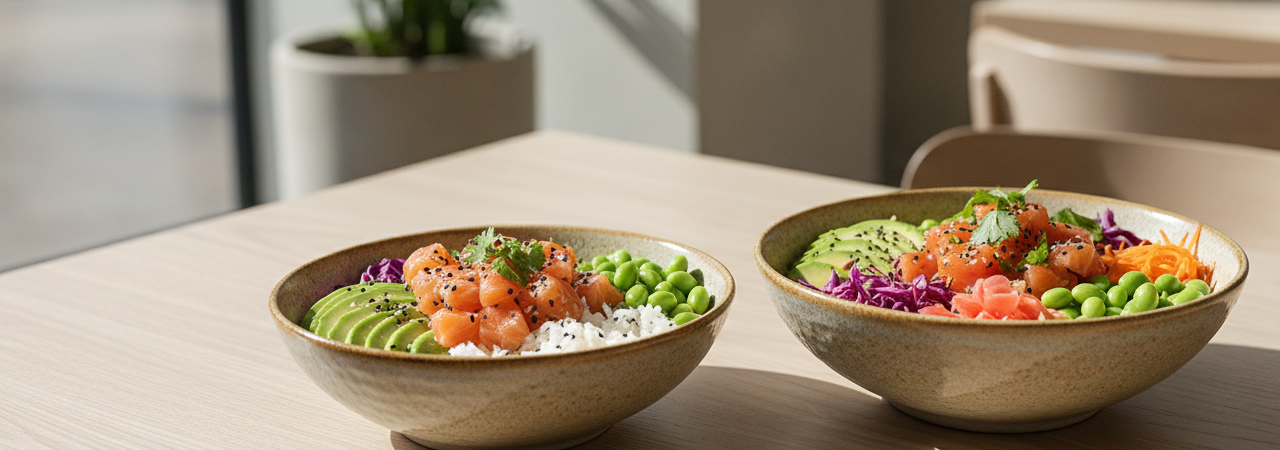 Vergelijking tussen een Medium en Large poke bowl met verse kleurrijke ingrediënten