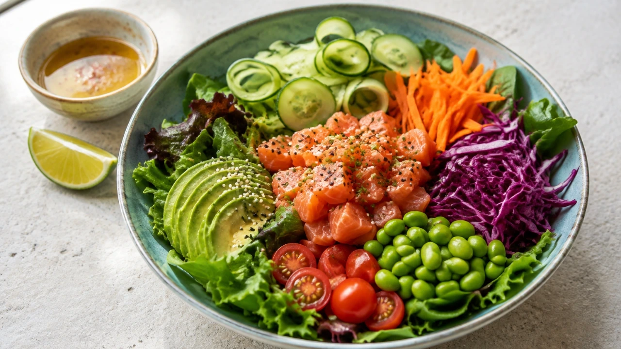 Ingrédients de satiété pour un poke bowl équilibré : riz, protéines, avocat, edamames