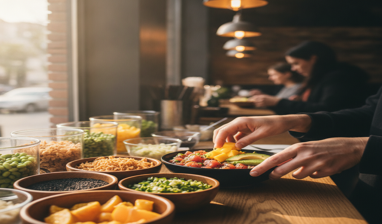 Verzadigende ingrediënten voor een gebalanceerde poke bowl: rijst, proteïnen, avocado, edamame