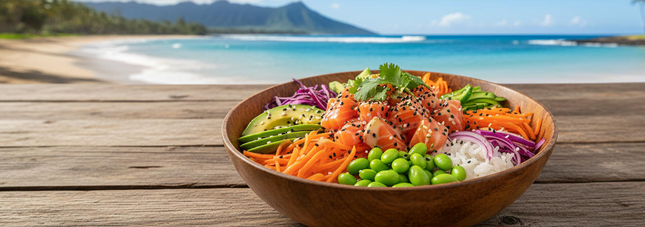 Verse zelfgemaakte zalm poke bowl met kleurrijke ingrediënten op houten tafel