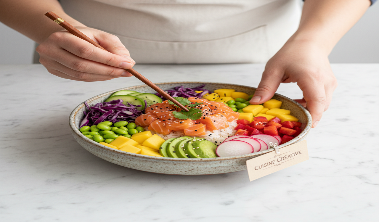 Samenstelling in vijf stappen van een zalm poke bowl met nette en kleurrijke presentatie