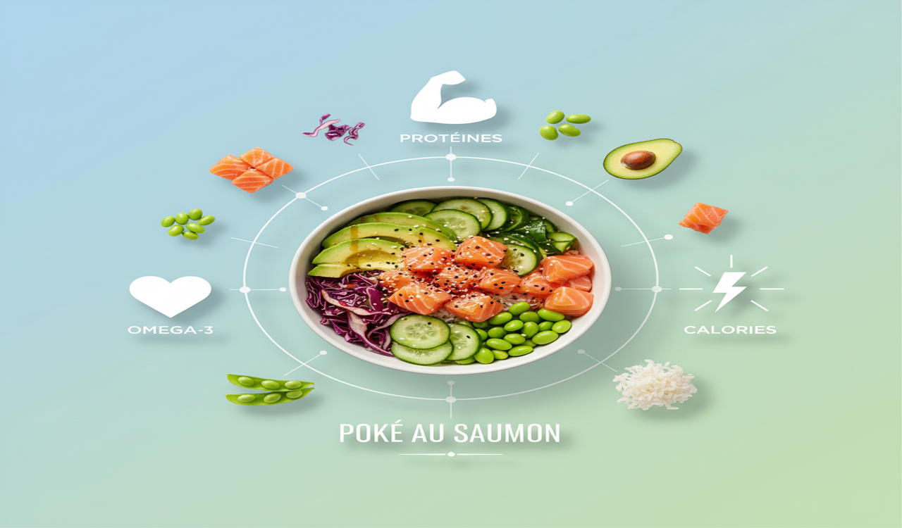 Voedingsdetails van een zalm poke bowl met focus op eiwitten en omega 3
