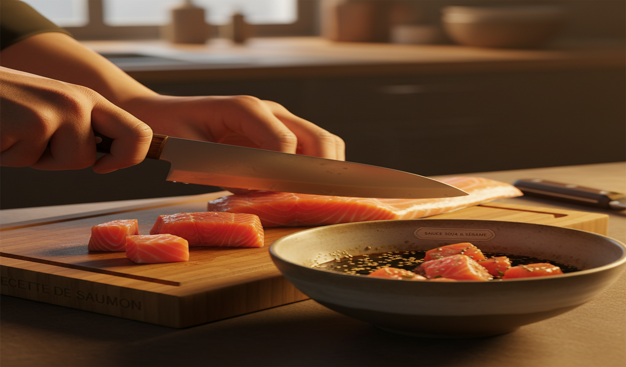 Rauwe zalm in blokjes gemarineerd in sojasaus en sesam voor poke bowl