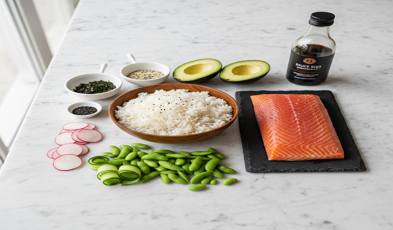 Diverse ingrediënten klaar voor zalm poke bowl met rijst, avocado, edamame en wakame