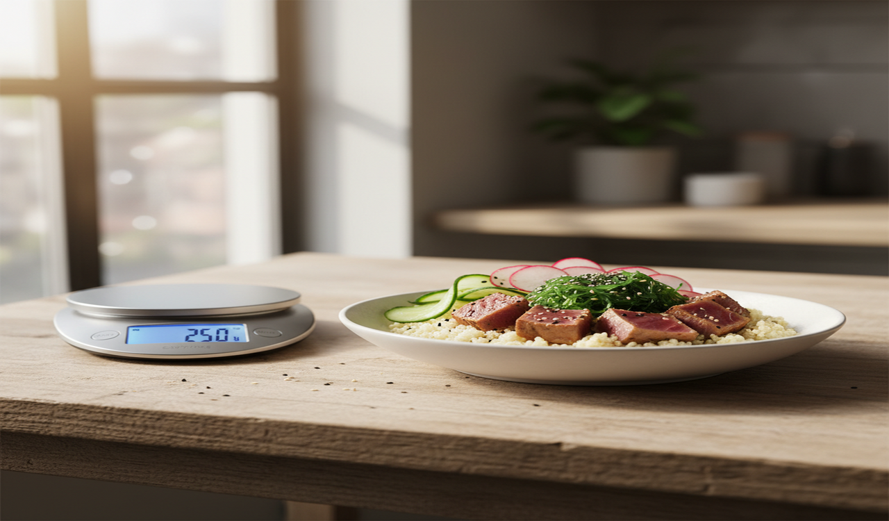 Poké bowl voor cutten en definitie circa 380 kilocalorieën