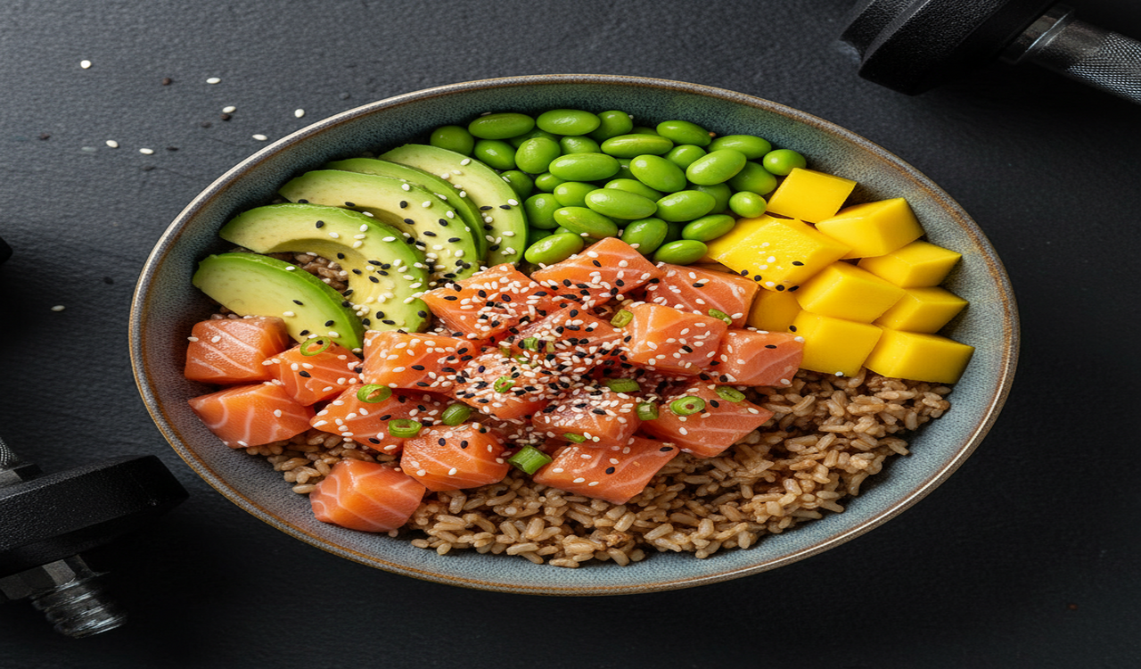 Poké bowl voor spiermassa circa 650 kilocalorieën met zalm en tonijn