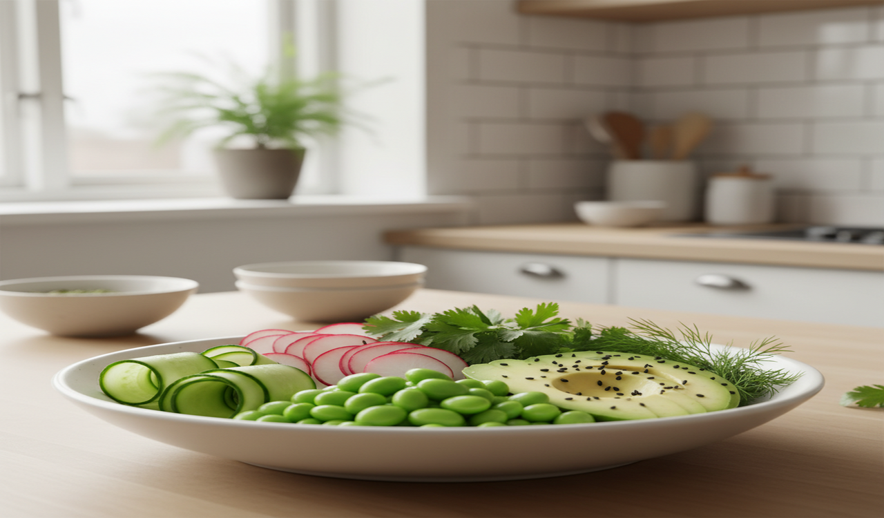 Knapperige en hydraterende groenten bereid voor zomerse poke bowl