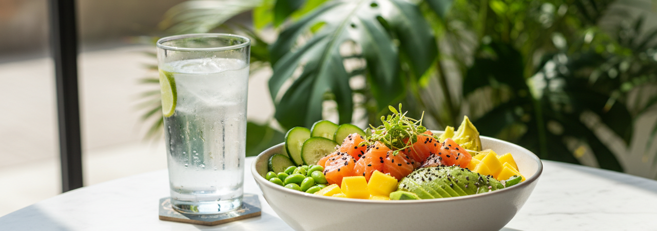 Kleurrijke zomerse poke bowl met verse seizoensingrediënten geserveerd op marmeren tafel
