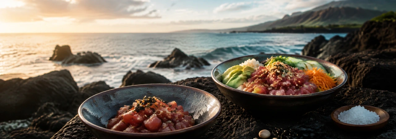 Paysage côtier hawaïen traditionnel avec poisson frais évoquant l'origine du poke bowl