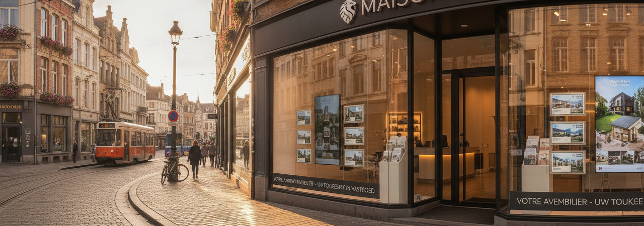 Vitrine d'agence immobilière belge avec supports de communication professionnels