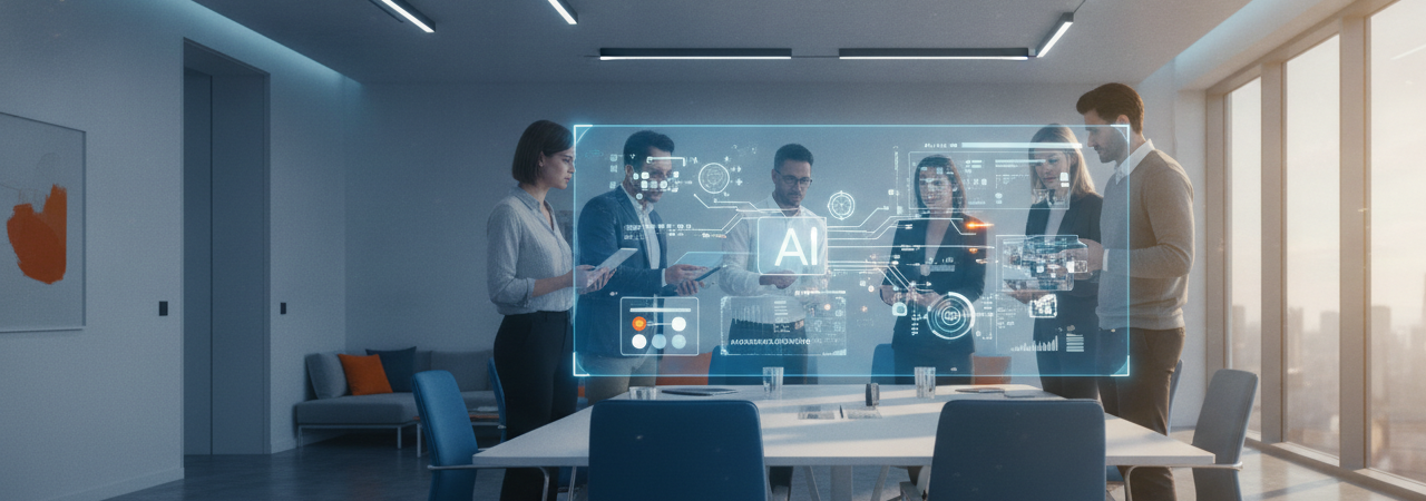 Business team collaborating with AI workflow automation interface in modern office