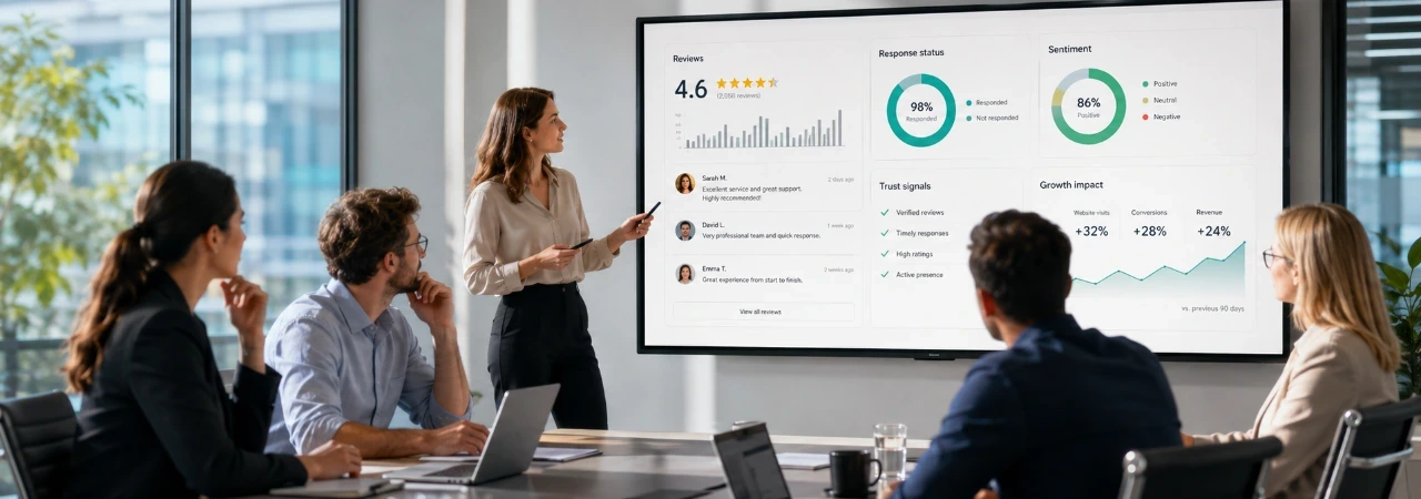 Why your online reputation is now a growth channel 1 Business team in Brussels office analysing online reputation data on screens
