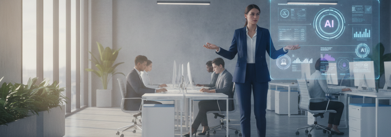 Why productivity is no longer about doing more, but delegating better 1 Business leader delegating tasks through AI workflow automation in modern office
