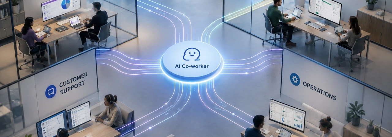 How AI co-workers can help centralize work across departments 1 AI co-workers centralising work across multiple business departments in a modern office