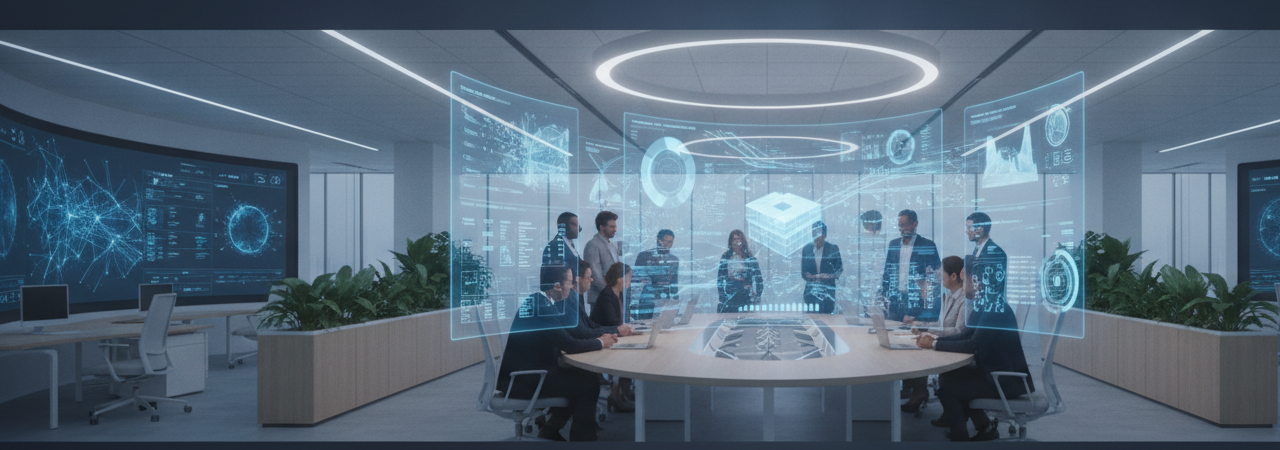 The future of work is not more tools. It is better execution. 1 Modern office team collaborating with AI-powered workflow displays for better business execution