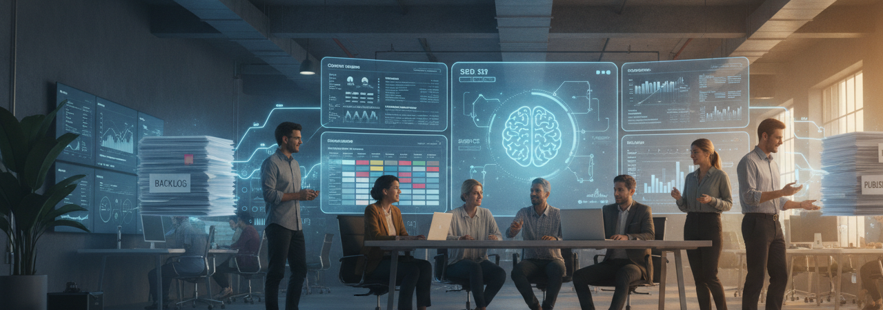 From SEO backlog to published content with AI co-workers 1 Marketing team collaborating with AI co-workers to transform SEO content backlog into published articles